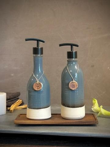 Handmade Ceramic Soap Dispenser Set of 2 | Rverdrift Blue Customizable Bathroom Set | Kitchen Soap & Lotion | Refillable Pottery Pump