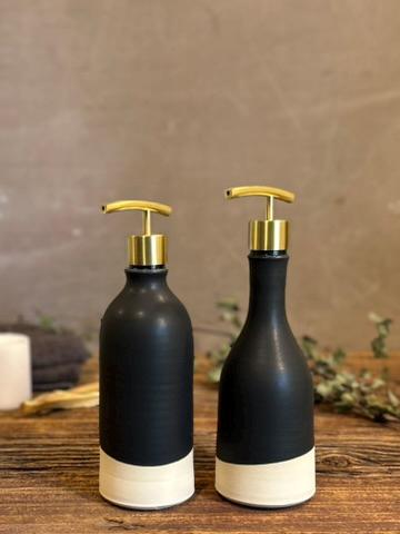 Handmade Ceramic Soap Dispenser SET of 2 | Blackstone Customizable Bathroom Set | Kitchen Soap & Lotion Dispenser | Refillable Pottery Pump