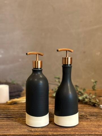 Handmade Ceramic Soap Dispenser SET of 2 | Blackstone Customizable Bathroom Set | Kitchen Soap & Lotion Dispenser | Refillable Pottery Pump