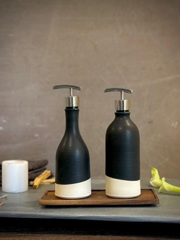 Handmade Ceramic Soap Dispenser SET of 2 | Blackstone Customizable Bathroom Set | Kitchen Soap & Lotion Dispenser | Refillable Pottery Pump