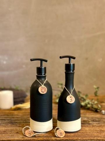 Handmade Ceramic Soap Dispenser SET of 2 | Blackstone Customizable Bathroom Set | Kitchen Soap & Lotion Dispenser | Refillable Pottery Pump