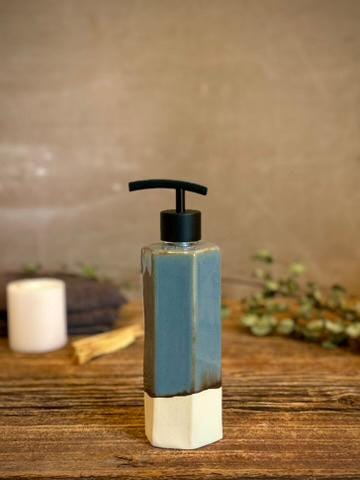 Handmade Ceramic Soap Dispenser | Faceted Stoneware Soap Pump | Riverdrift Blue Refillable Soap Dispenser | Kitchen & Bathroom Decor