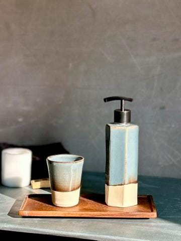 Handmade Ceramic Soap Dispenser | Faceted Stoneware Soap Pump | Riverdrift Blue Refillable Soap Dispenser | Kitchen & Bathroom Decor