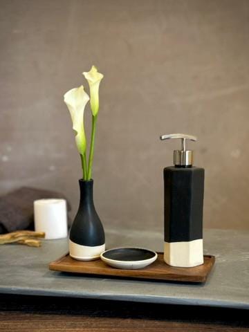Handmade Ceramic Soap Dispenser | Faceted Stoneware Soap Pump | Matte Blackstone Refillable Soap Dispenser | Kitchen & Bathroom Decor