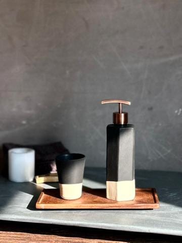 Handmade Ceramic Soap Dispenser | Faceted Stoneware Soap Pump | Matte Blackstone Refillable Soap Dispenser | Kitchen & Bathroom Decor