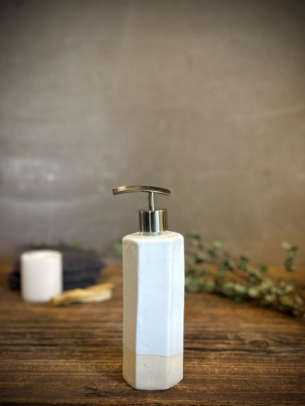 Handmade Ceramic Soap Dispenser | Faceted Stoneware Soap Pump | White Dove Refillable Soap Dispenser | Kitchen & Bathroom Decor