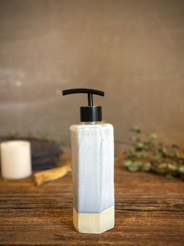 Handmade Ceramic Soap Dispenser | Faceted Stoneware Soap Pump | Linen Gray Refillable Soap Dispenser | Kitchen & Bathroom Decor