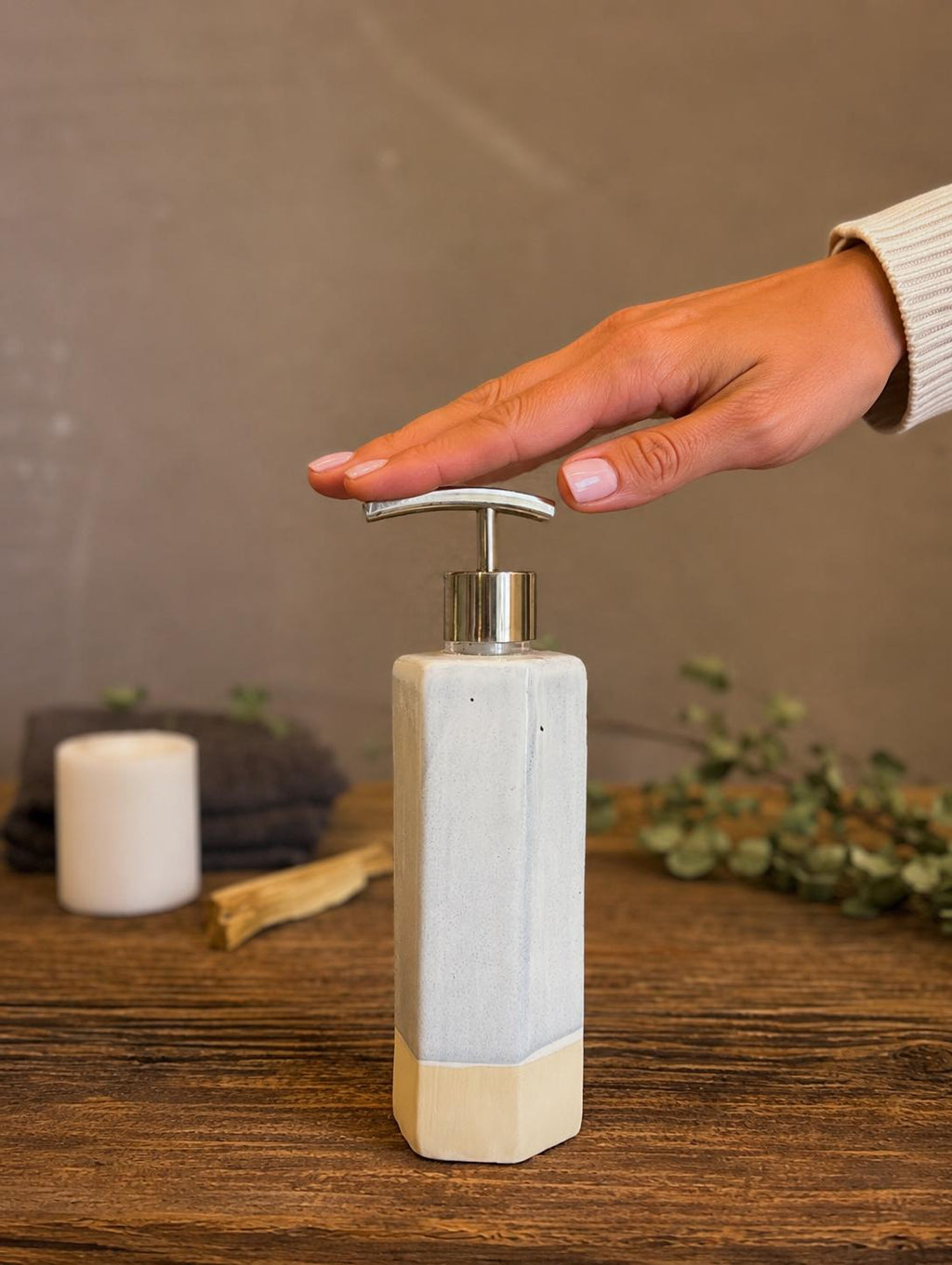 Handmade Ceramic Soap Dispenser | Faceted Stoneware Soap Pump | Linen Gray Refillable Soap Dispenser | Kitchen & Bathroom Decor