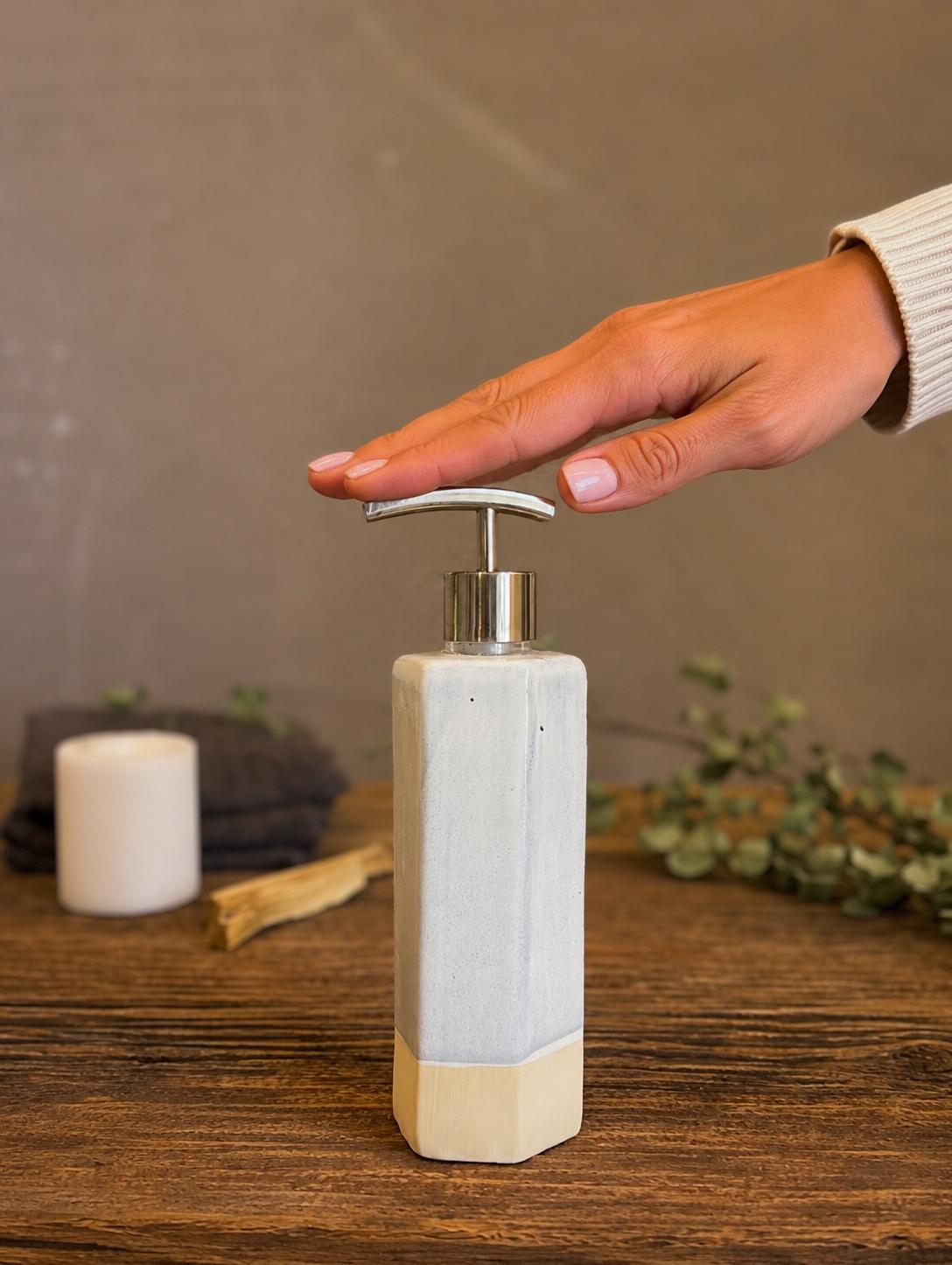Handmade Ceramic Soap Dispenser | Faceted Stoneware Soap Pump | Linen Gray Refillable Soap Dispenser | Kitchen & Bathroom Decor