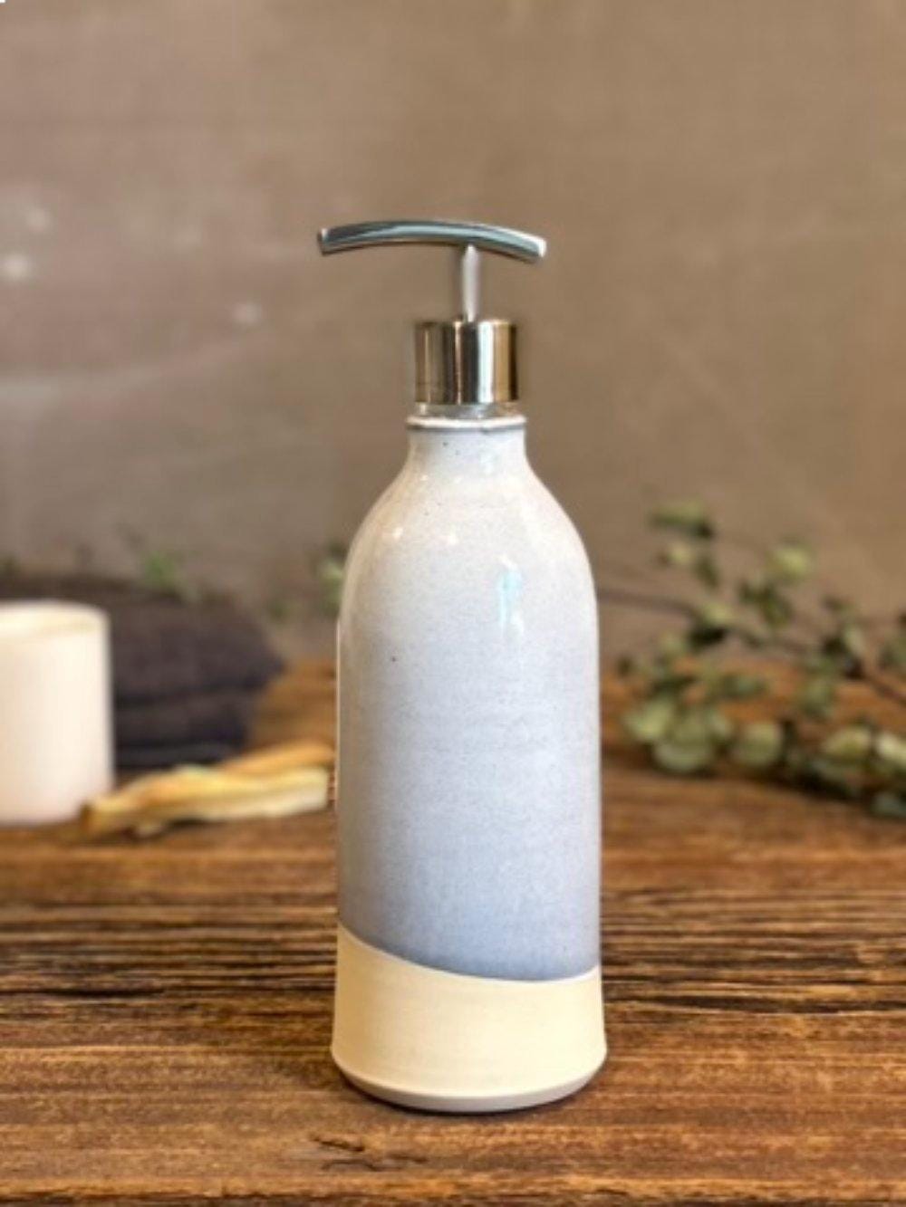 Handmade Ceramic Classic Soap Dispenser | Linen Gray Stoneware Soap Pump | Refillable Bathroom & Kitchen Pump | Modern Farmhouse Decor