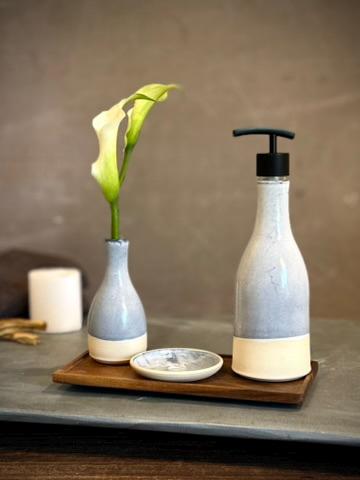 Handmade Ceramic Willow Soap Dispenser | Linen Gray Stoneware Soap Pump | Refillable Bathroom & Kitchen Pump | Modern Farmhouse Decor