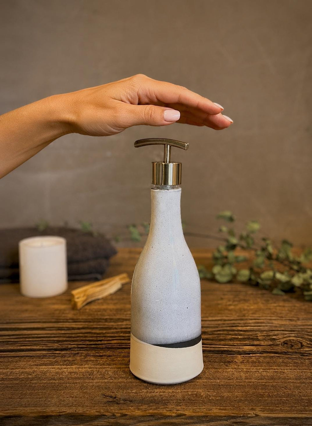 Handmade Ceramic Willow Soap Dispenser | Linen Gray Stoneware Soap Pump | Refillable Bathroom & Kitchen Pump | Modern Farmhouse Decor