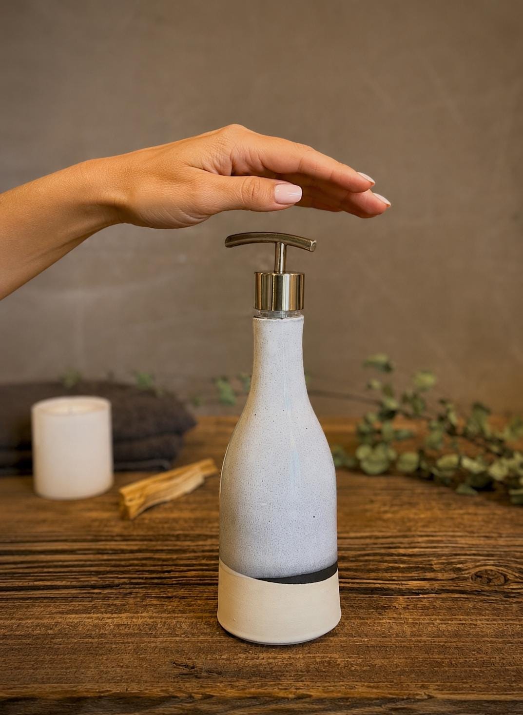 Handmade Ceramic Willow Soap Dispenser | Linen Gray Stoneware Soap Pump | Refillable Bathroom & Kitchen Pump | Modern Farmhouse Decor