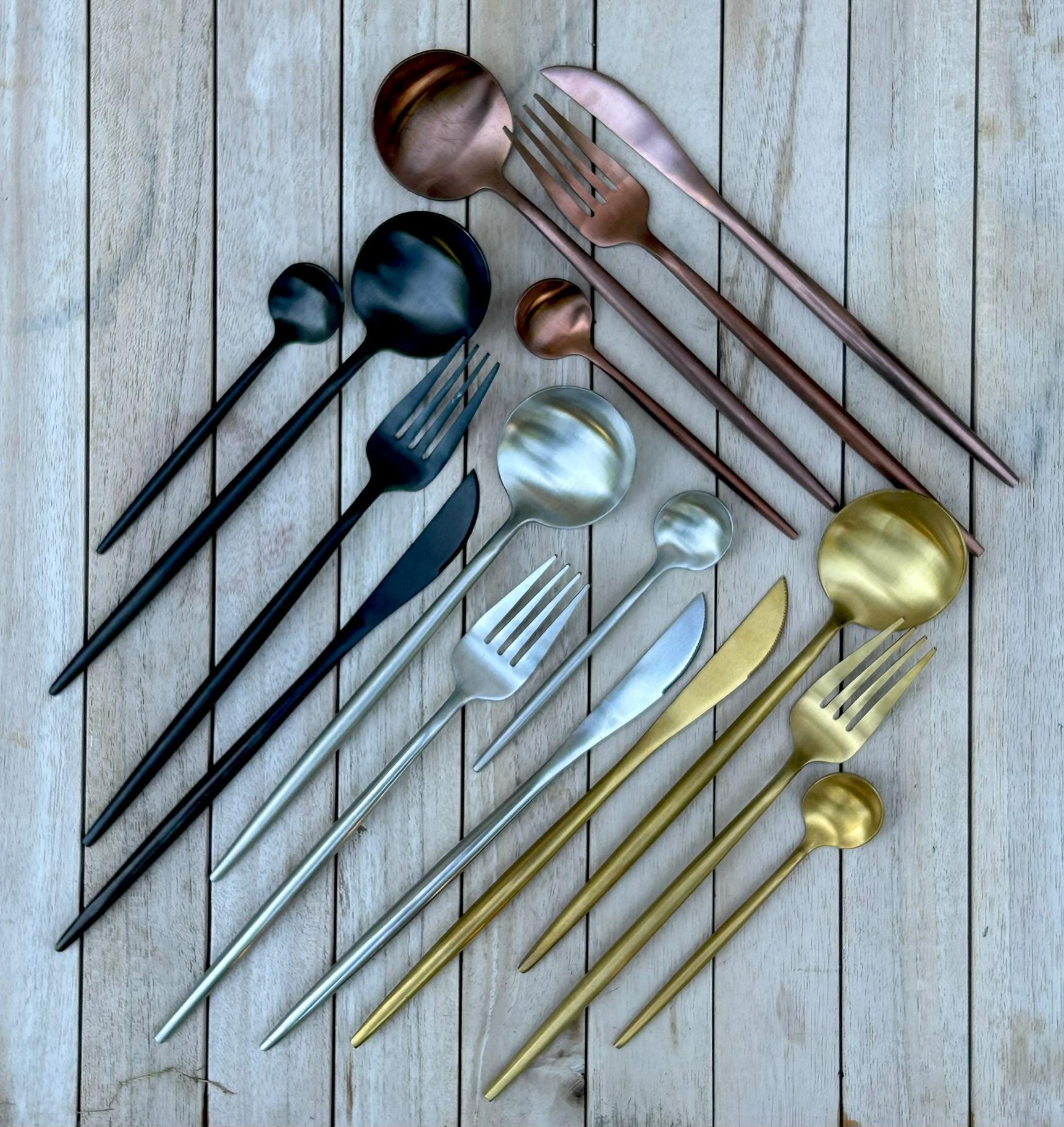 Modern Stainless Steel Flatware Set | Choice of Silver, Black, Gold or Copper | Contemporary Cutlery Set | Minimalist Modern Tableware