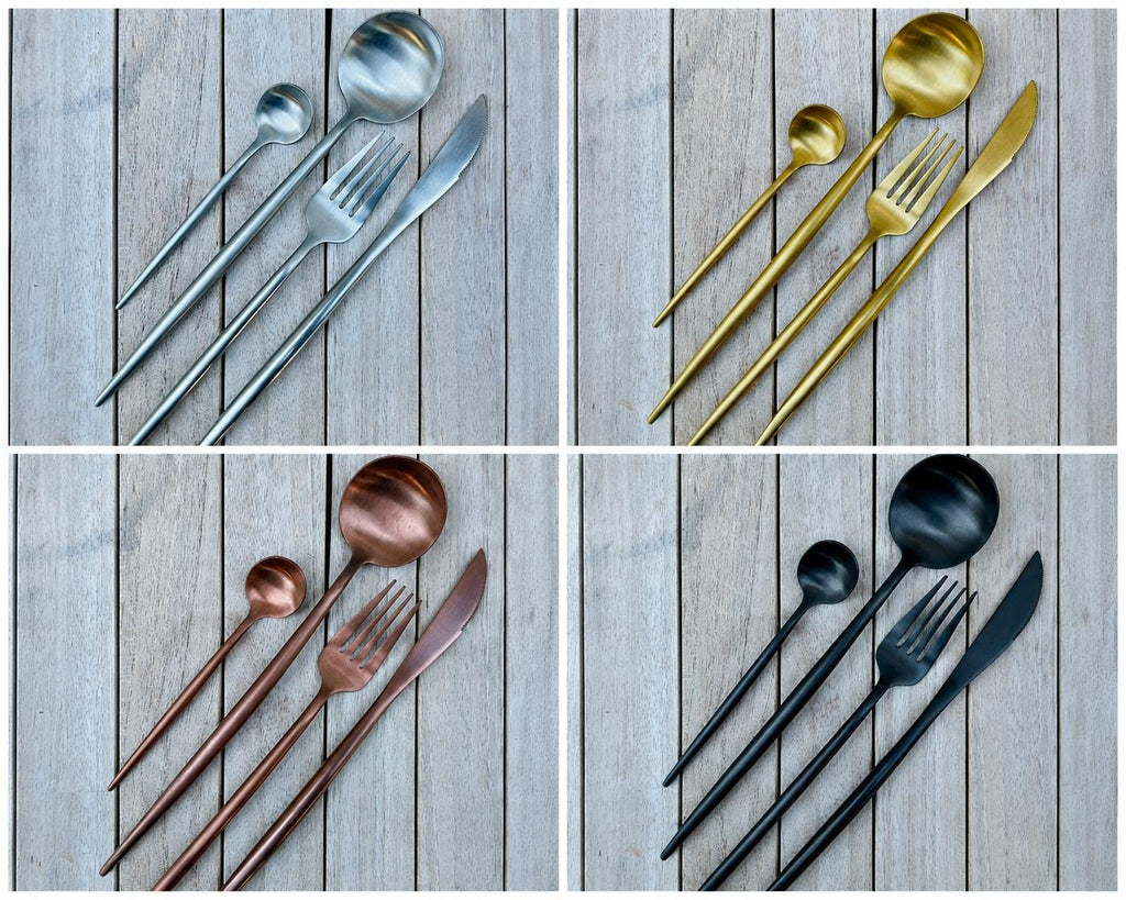 Modern Stainless Steel Flatware Set | Choice of Silver, Black, Gold or Copper | Contemporary Cutlery Set | Minimalist Modern Tableware