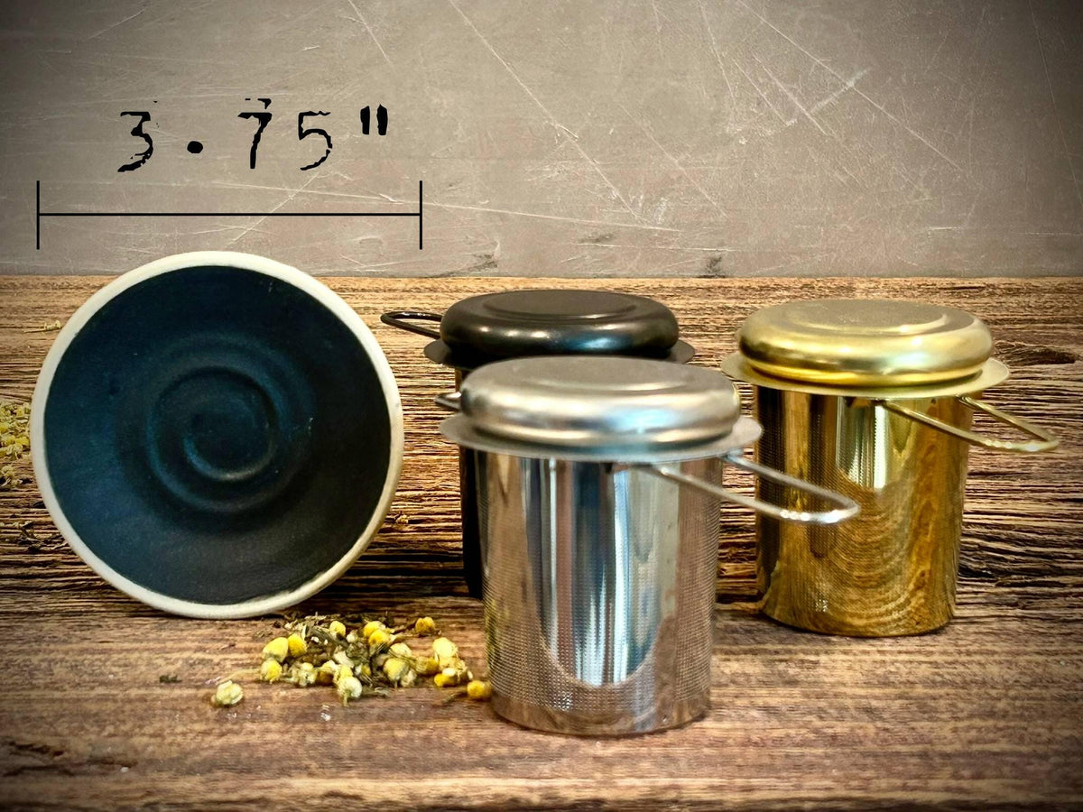 Loose Leaf Tea Infuser & Handmade Ceramic Drip Plate SET | Stainless Steel Steeper | Blackstone Stoneware Rest | Tea Brewing Accessories