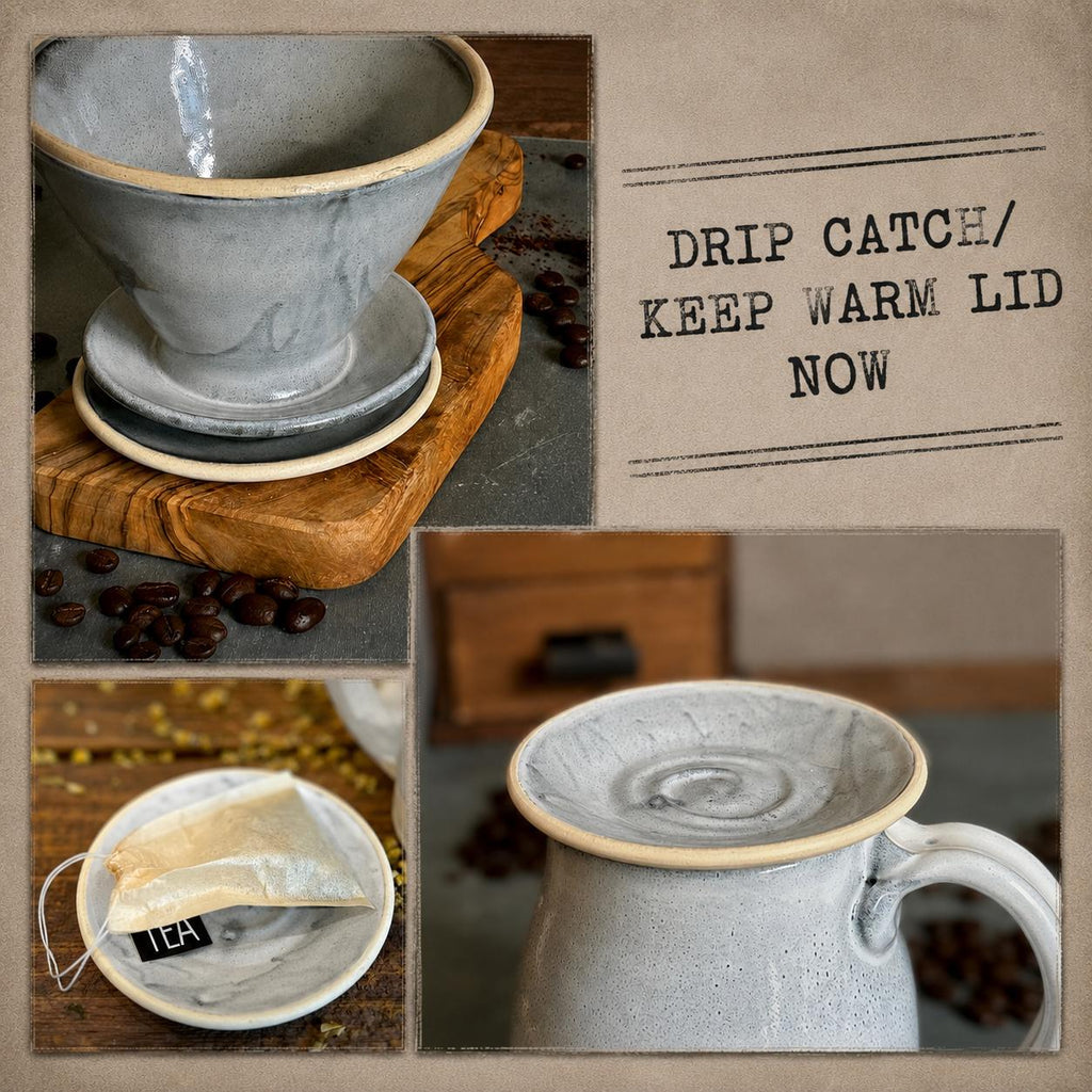 Handmade Stoneware Mug Warming Lid & Tea Strainer Drip Catch Plate | Linen Gray Glaze |