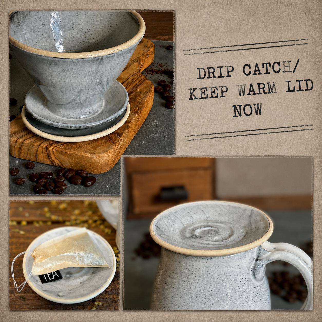 Handmade Stoneware Mug Warming Lid & Tea Strainer Drip Catch Plate | Linen Gray Glaze |
