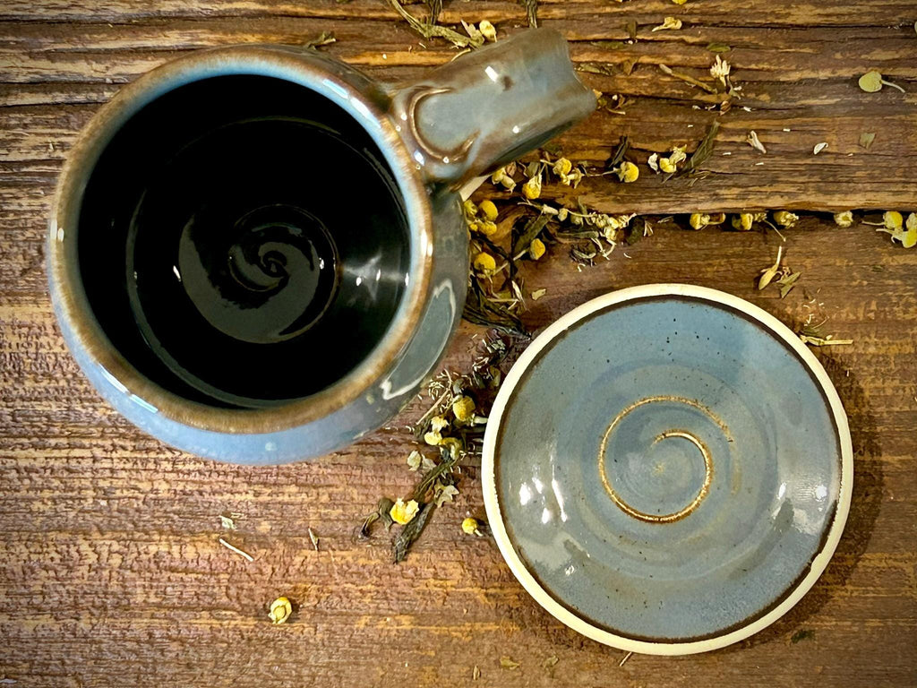 Handmade Stoneware Mug Warming Lid & Tea Strainer Drip Catch Plate | Linen Gray Glaze |