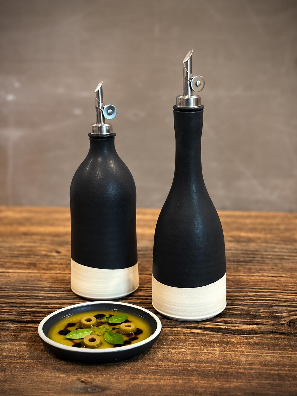Handmade Ceramic Willow Olive Oil Dispenser | Blackstone Stoneware Oil Pourer Bottle | Kitchen Counter Decor | Vinegar Cruet