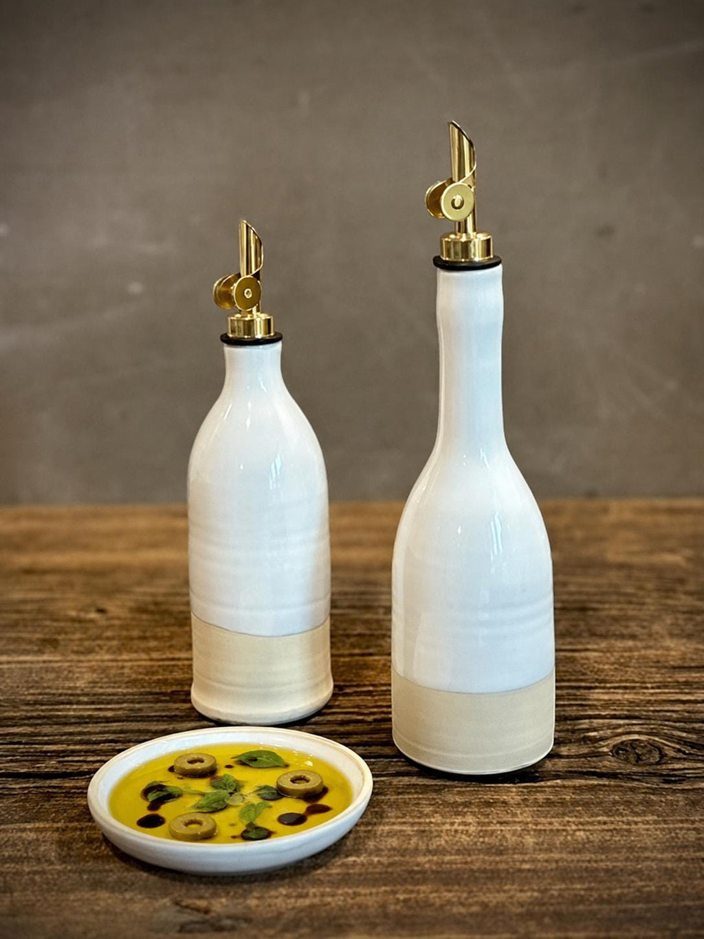 Handmade Ceramic Willow Olive Oil Dispenser | White Dove Stoneware Oil Pourer Bottle | Kitchen Counter Decor | Vinegar Cruet