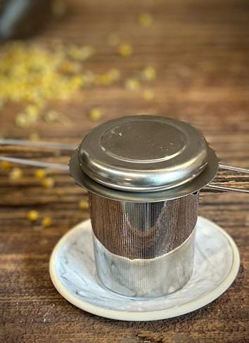 Loose Leaf Tea Infuser & Handmade Ceramic Drip Plate SET | Stainless Steel Steeper | Linen Gray Stoneware Rest | Tea Brewing Accessories