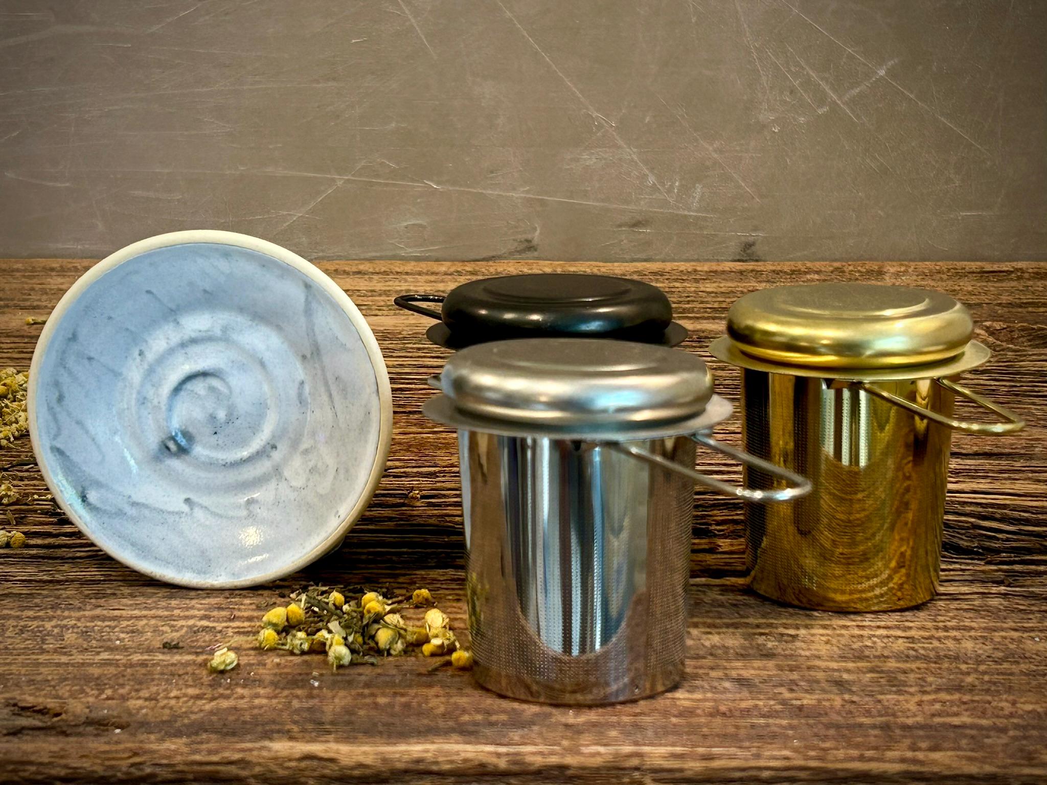 Loose Leaf Tea Infuser & Handmade Ceramic Drip Plate SET | Stainless Steel Steeper | Linen Gray Stoneware Rest | Tea Brewing Accessories