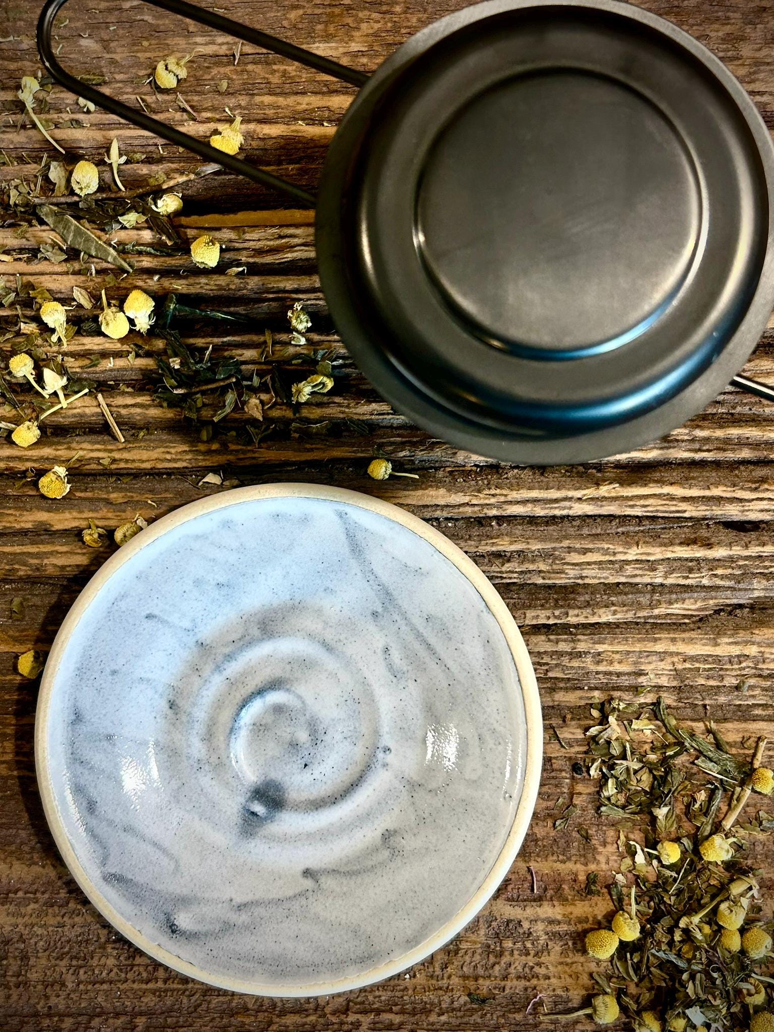 Loose Leaf Tea Infuser & Handmade Ceramic Drip Plate SET | Stainless Steel Steeper | Linen Gray Stoneware Rest | Tea Brewing Accessories