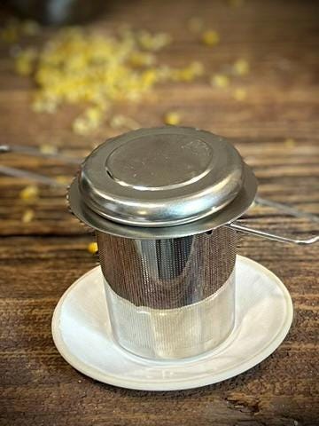 Loose Leaf Tea Infuser & Handmade Ceramic Drip Plate SET | Stainless Steel Steeper | White Dove Stoneware Rest | Tea Brewing Accessories