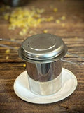 Loose Leaf Tea Infuser & Handmade Ceramic Drip Plate SET | Stainless Steel Steeper | White Dove Stoneware Rest | Tea Brewing Accessories