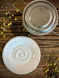 Loose Leaf Tea Infuser & Handmade Ceramic Drip Plate SET | Stainless Steel Steeper | White Dove Stoneware Rest | Tea Brewing Accessories