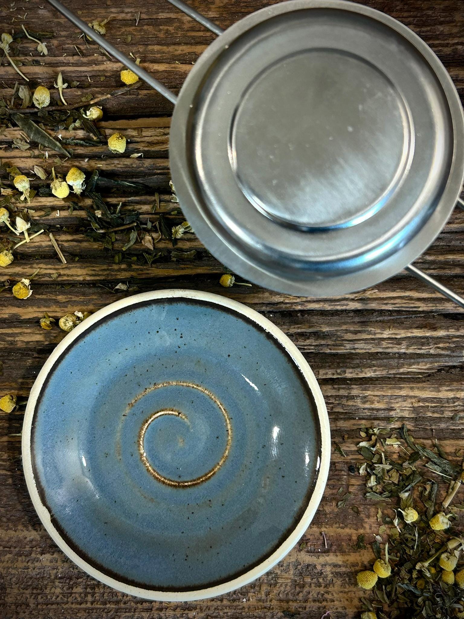 Loose Leaf Tea Infuser & Handmade Ceramic Drip Plate SET | Stainless Steel Steeper | Riverdrift Stoneware Rest | Tea Brewing Accessories