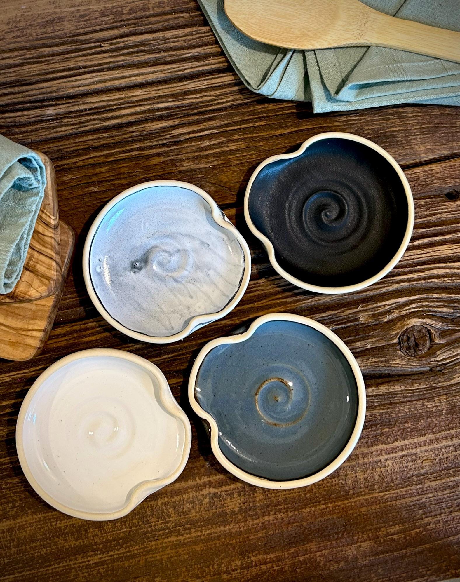 Handmade Ceramic Spoon Rest | Linen Gray Stoneware Spoon Holder | Pottery Utensil Rest