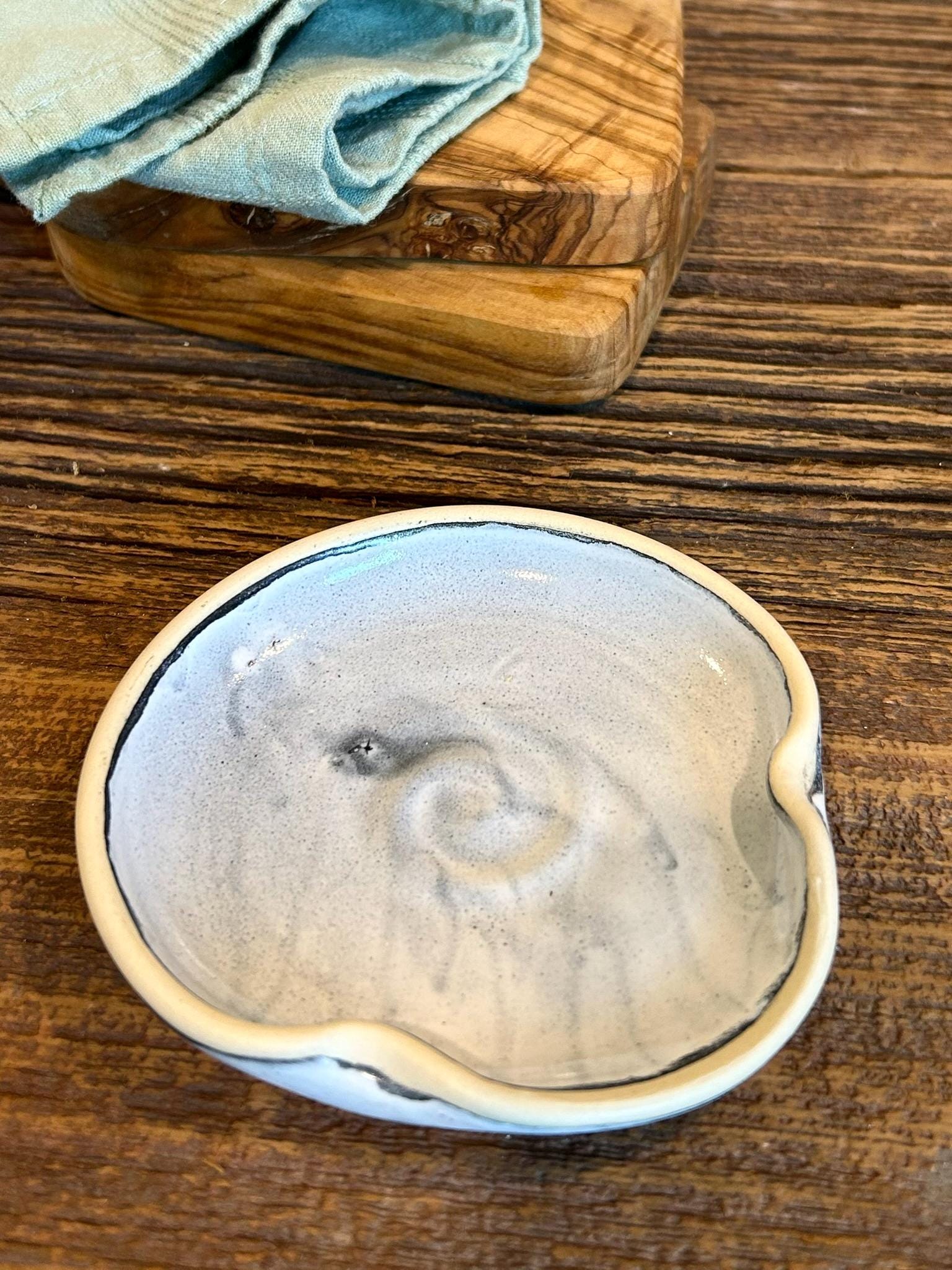 Handmade Ceramic Spoon Rest | Linen Gray Stoneware Spoon Holder | Pottery Utensil Rest