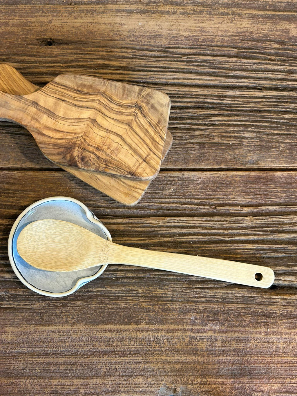 Handmade Ceramic Spoon Rest | Linen Gray Stoneware Spoon Holder | Pottery Utensil Rest