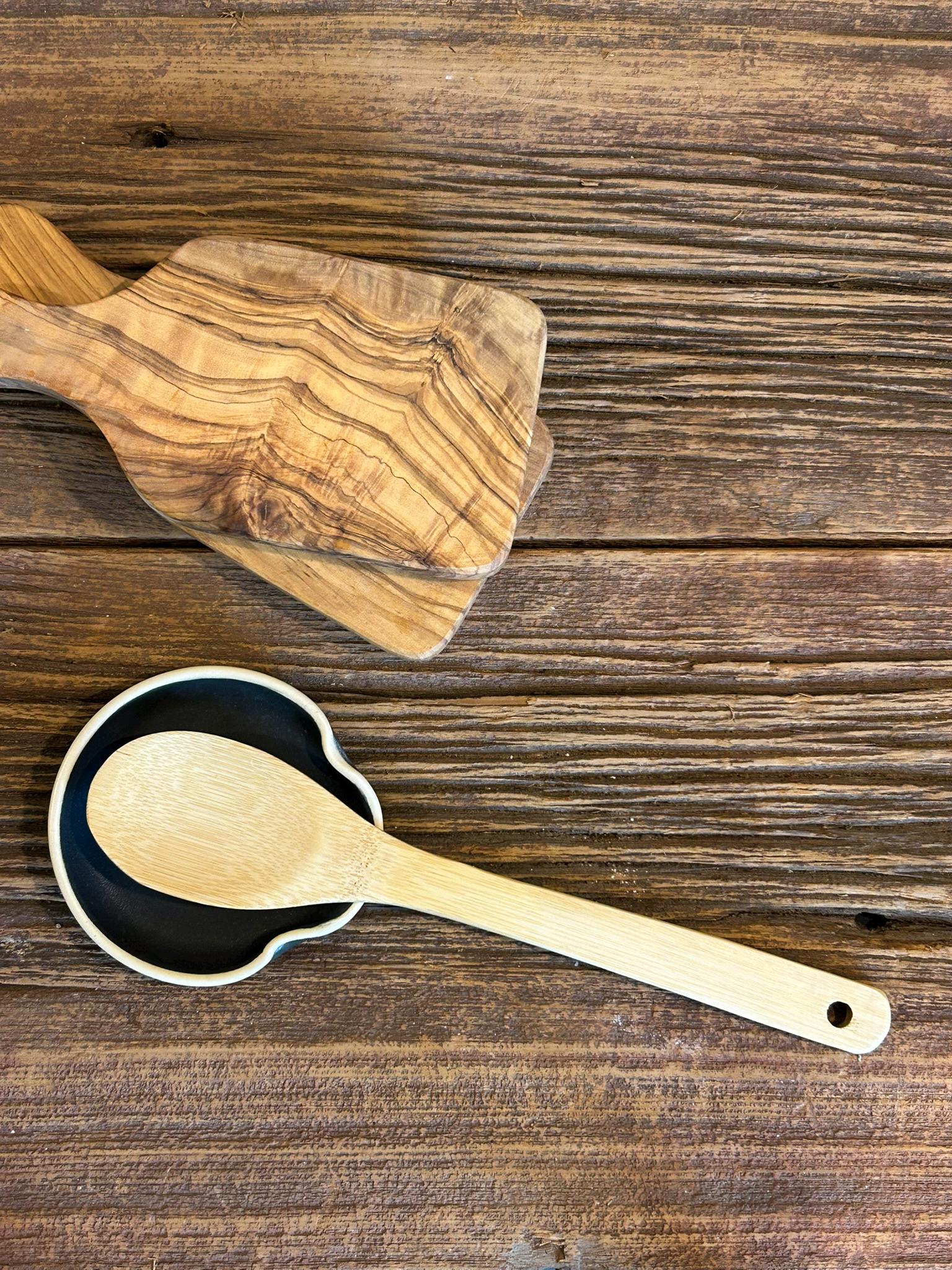 Handmade Ceramic Spoon Rest | Blackstone Stoneware Spoon Holder | Pottery Utensil Rest