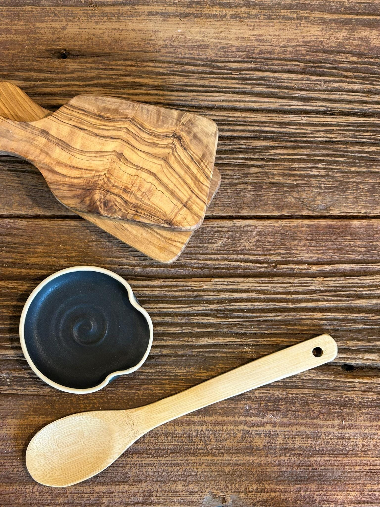 Handmade Ceramic Spoon Rest | Blackstone Stoneware Spoon Holder | Pottery Utensil Rest