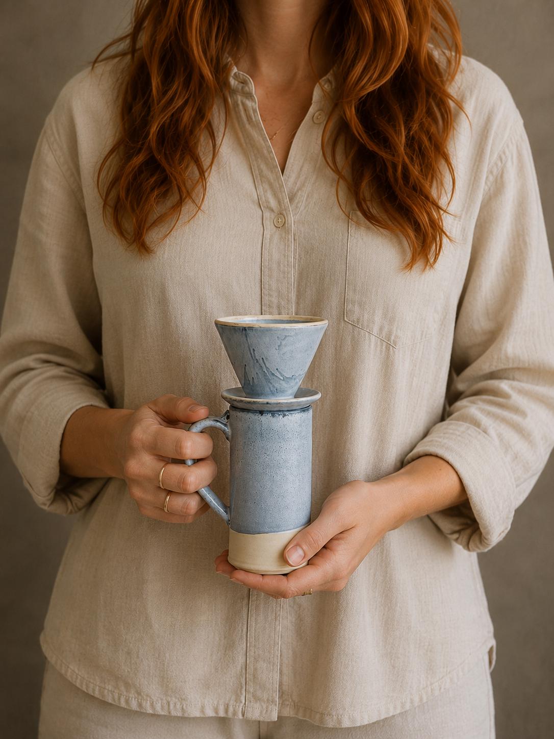 Handmade Stoneware Pour Over & Coffee Mug SET | Linen Gray Tall Ceramic Mug Coffee Dripper SET | Wheel Thrown Pottery