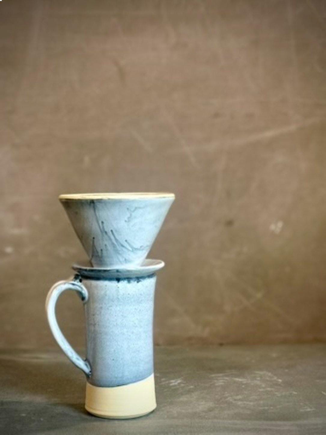 Handmade Stoneware Pour Over & Coffee Mug SET | Linen Gray Tall Ceramic Mug Coffee Dripper SET | Wheel Thrown Pottery