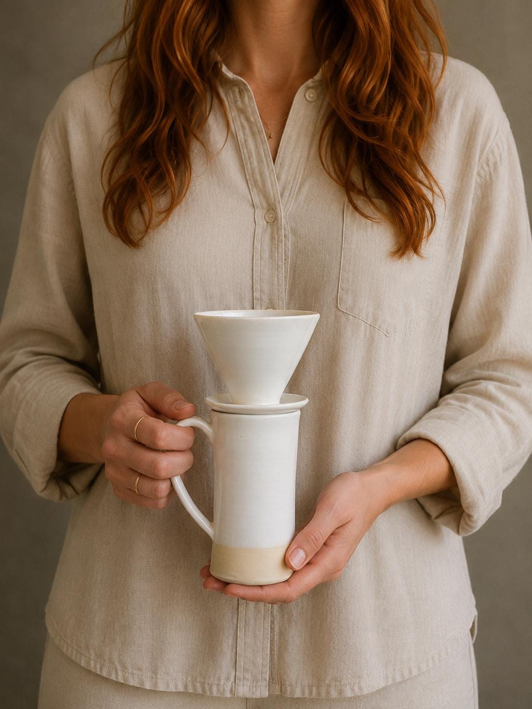 Handmade Stoneware Pour Over & Coffee Mug SET | White Dove Tall Ceramic Mug Coffee Dripper SET | Wheel Thrown Pottery