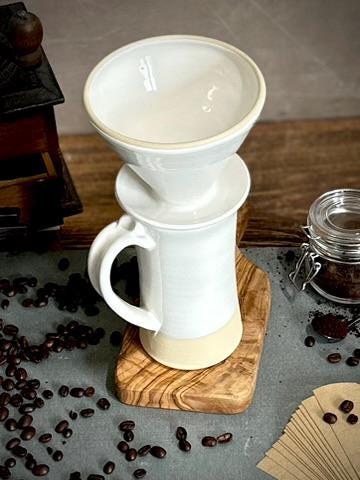 Handmade Stoneware Pour Over & Coffee Mug SET | White Dove Tall Ceramic Mug Coffee Dripper SET | Wheel Thrown Pottery