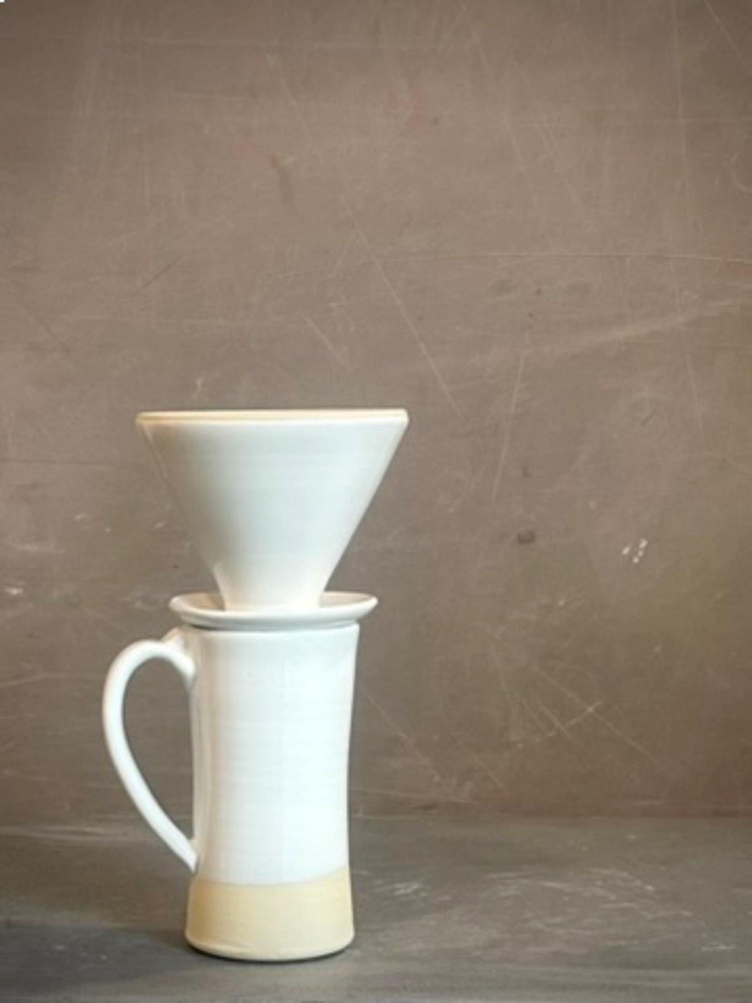 Handmade Stoneware Pour Over & Coffee Mug SET | White Dove Tall Ceramic Mug Coffee Dripper SET | Wheel Thrown Pottery
