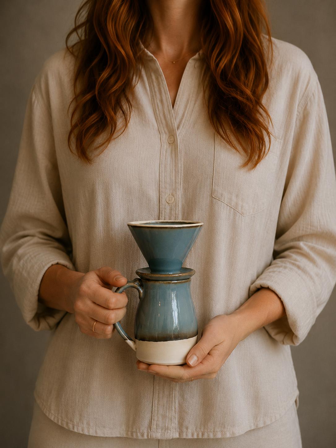 Handmade Stoneware Pour Over & Coffee Mug SET | Riverdrift Bell Ceramic Mug Coffee Dripper SET | Wheel Thrown Pottery