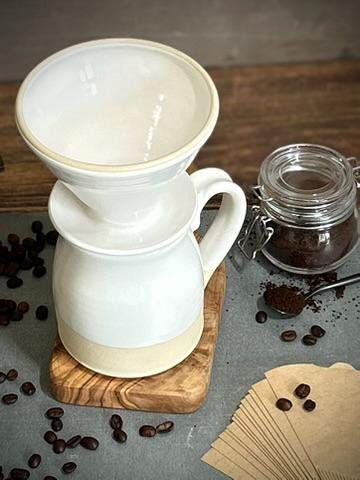 Handmade Stoneware Pour Over & Coffee Mug SET | White Dove Bell Ceramic Mug Coffee Dripper SET | Wheel Thrown Pottery