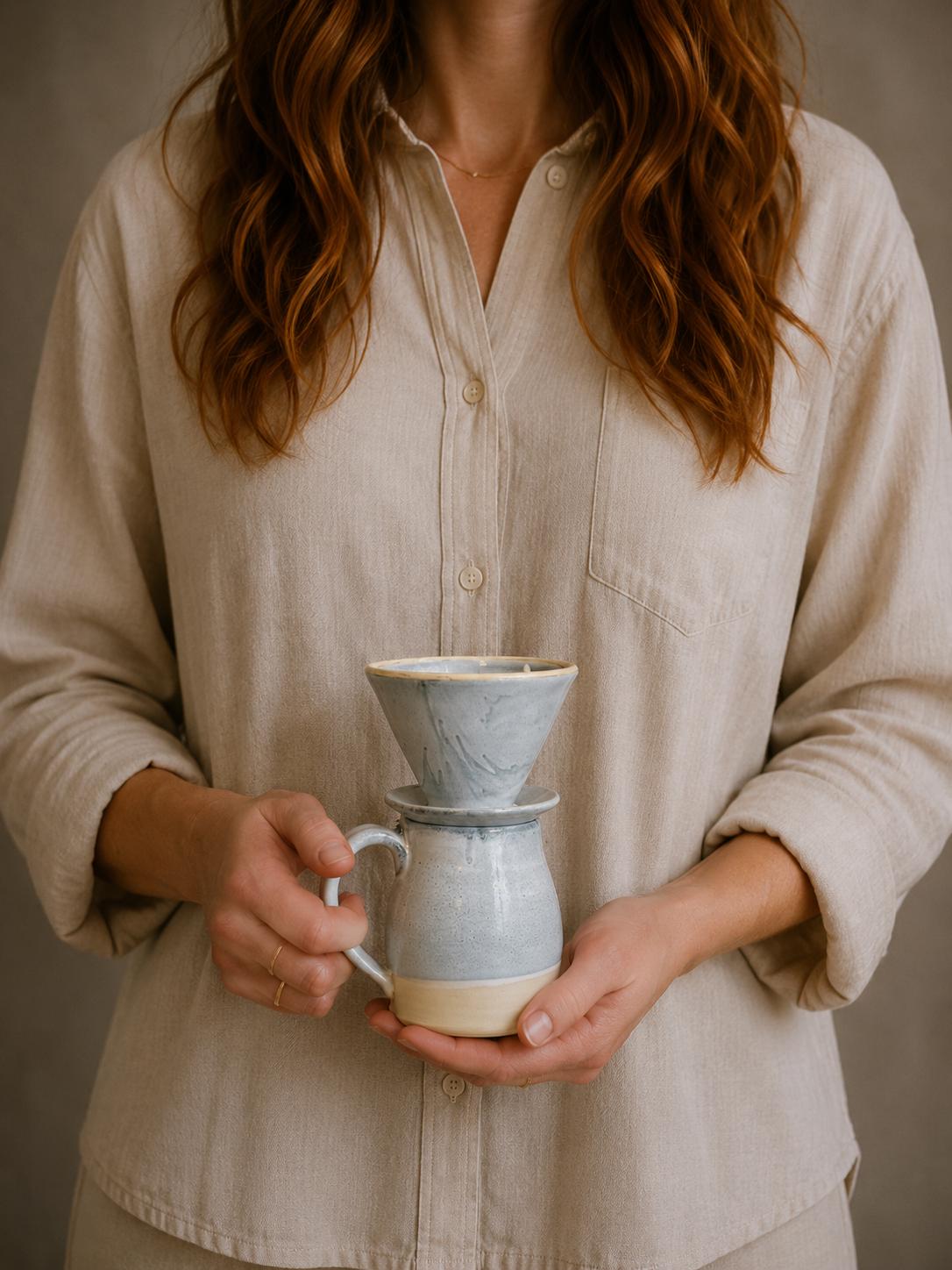 Handmade Stoneware Pour Over & Coffee Mug SET | Linen Gray Bell Ceramic Mug Coffee Dripper SET | Wheel Thrown Pottery