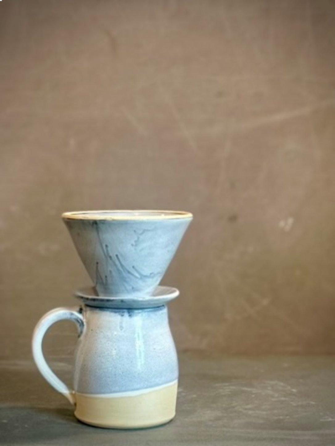 Handmade Stoneware Pour Over & Coffee Mug SET | Linen Gray Bell Ceramic Mug Coffee Dripper SET | Wheel Thrown Pottery