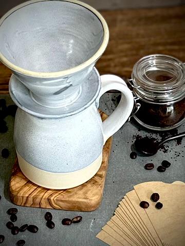 Handmade Stoneware Pour Over & Coffee Mug SET | Linen Gray Bell Ceramic Mug Coffee Dripper SET | Wheel Thrown Pottery