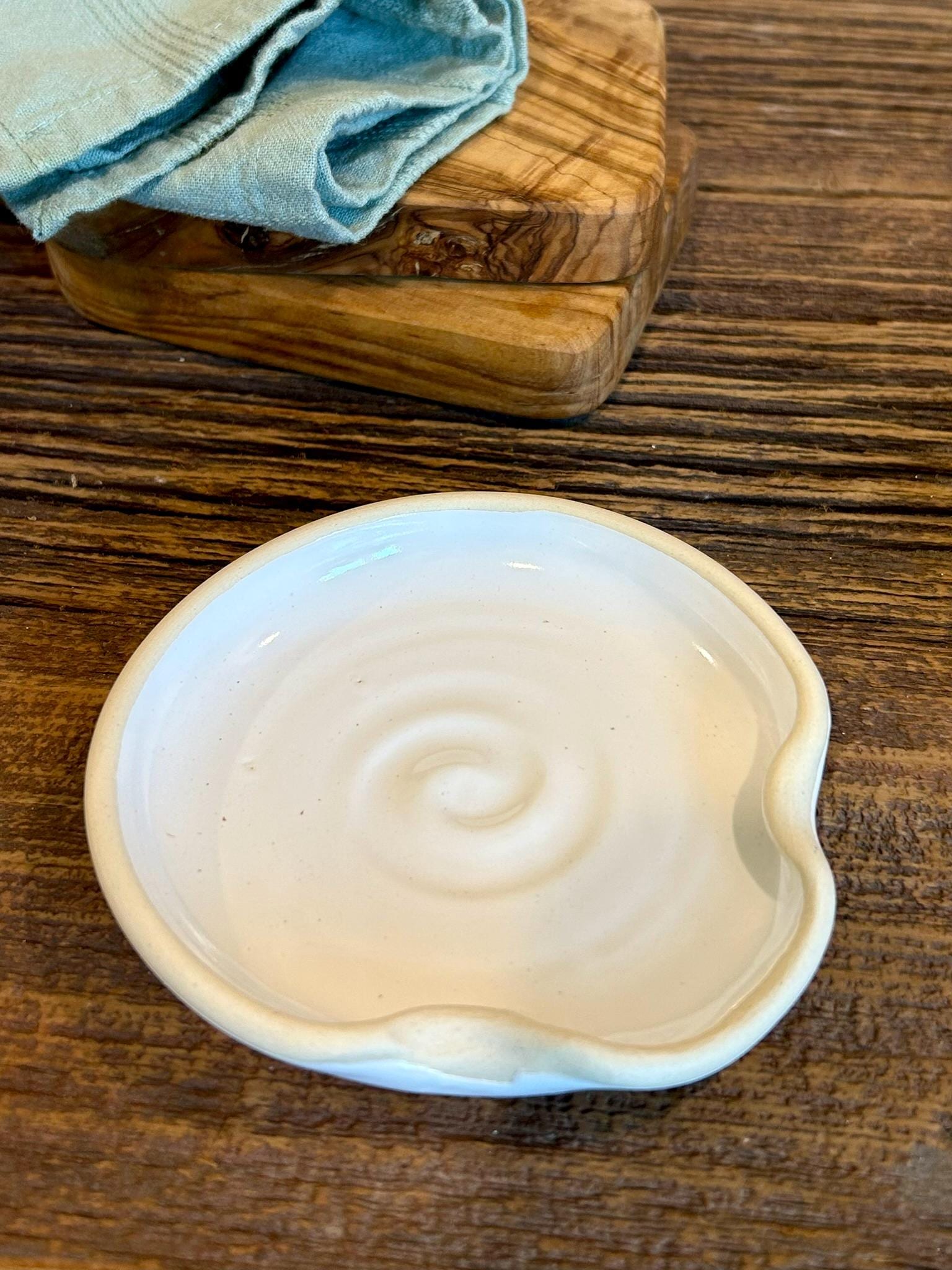 Handmade Ceramic Spoon Rest | White Dove Stoneware Spoon Holder | Pottery Utensil Rest