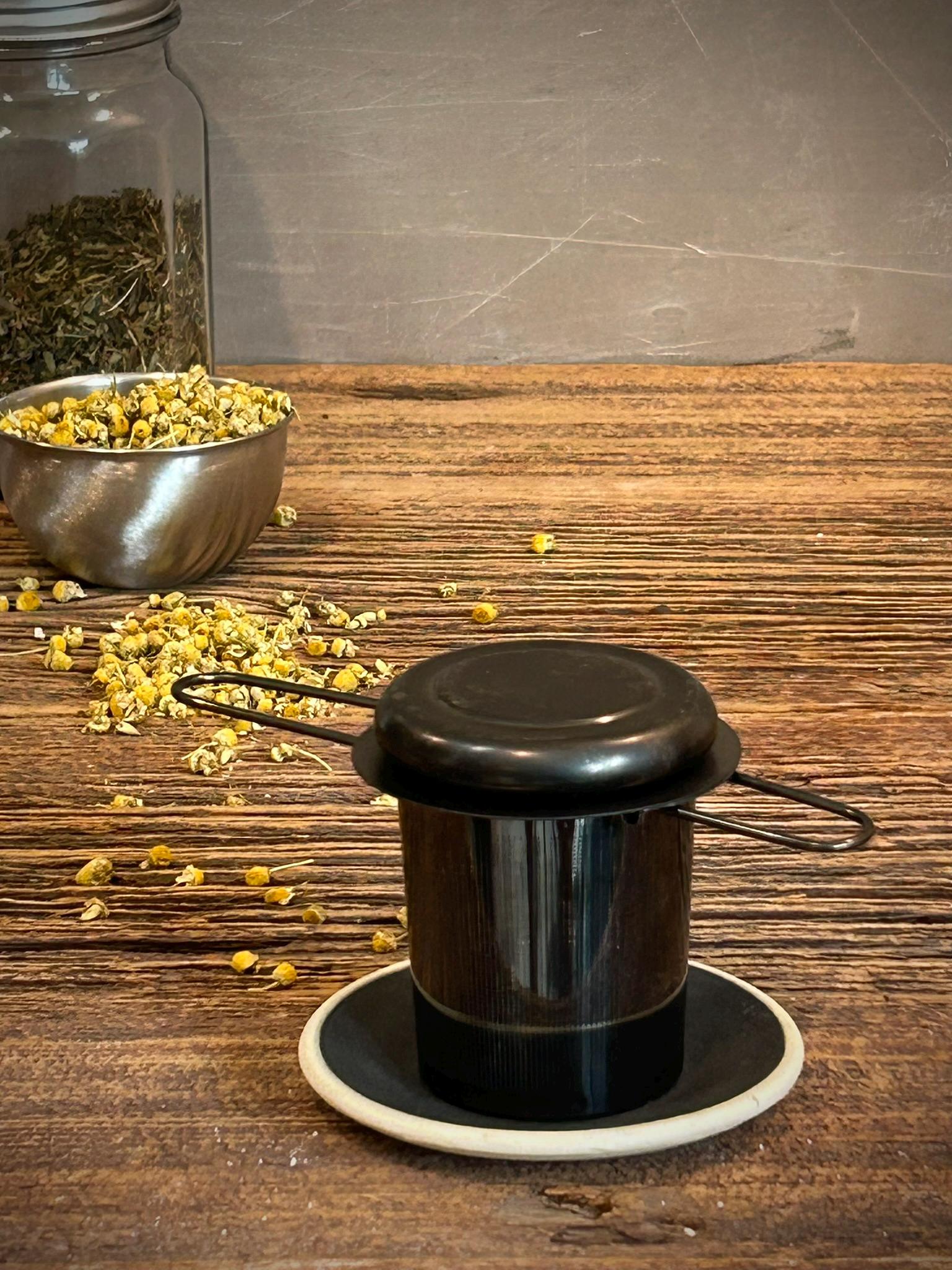Loose Leaf Tea Infuser & Handmade Ceramic Drip Plate SET | Stainless Steel Steeper | Blackstone Stoneware Rest | Tea Brewing Accessories
