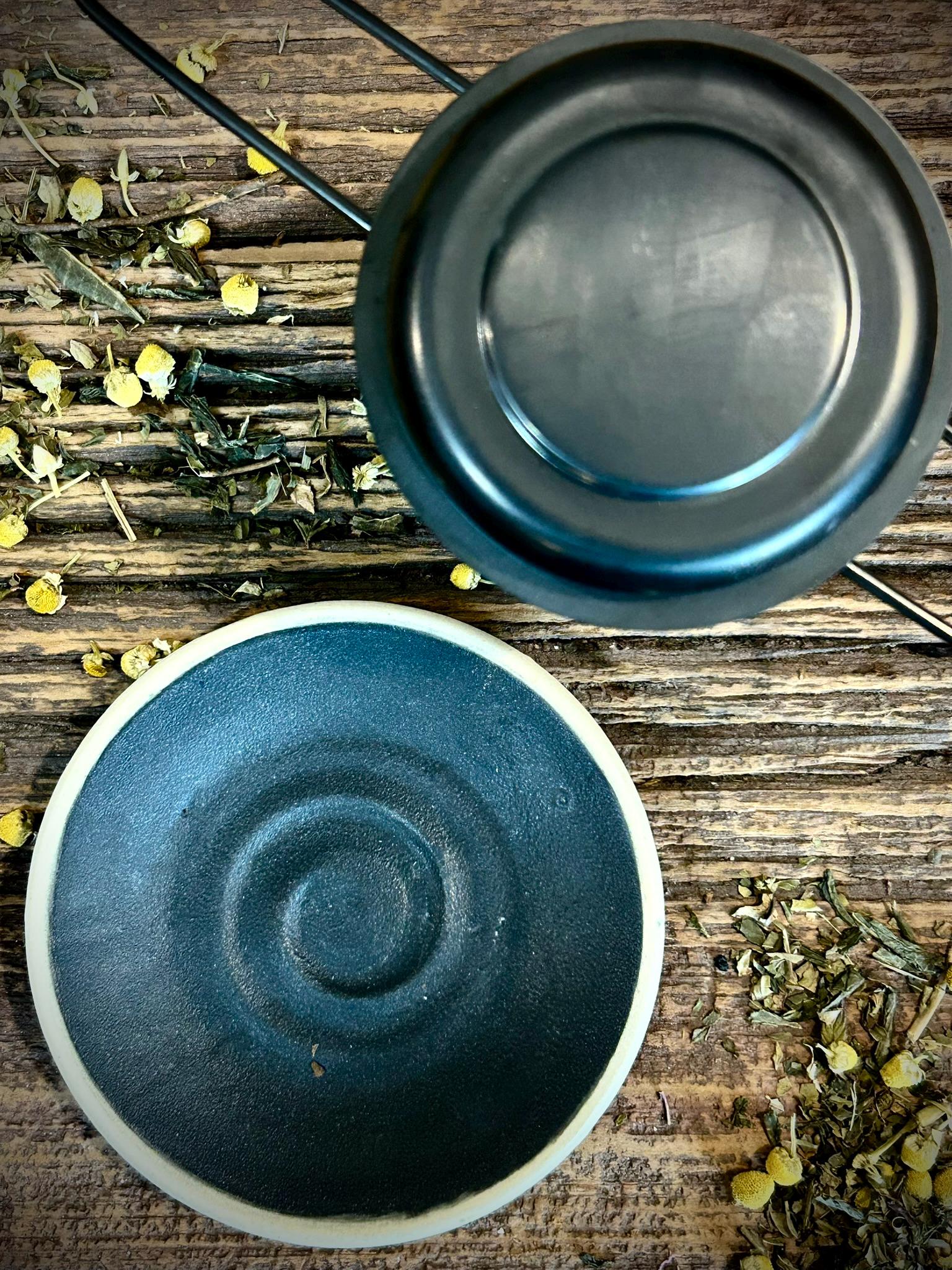 Loose Leaf Tea Infuser & Handmade Ceramic Drip Plate SET | Stainless Steel Steeper | Blackstone Stoneware Rest | Tea Brewing Accessories